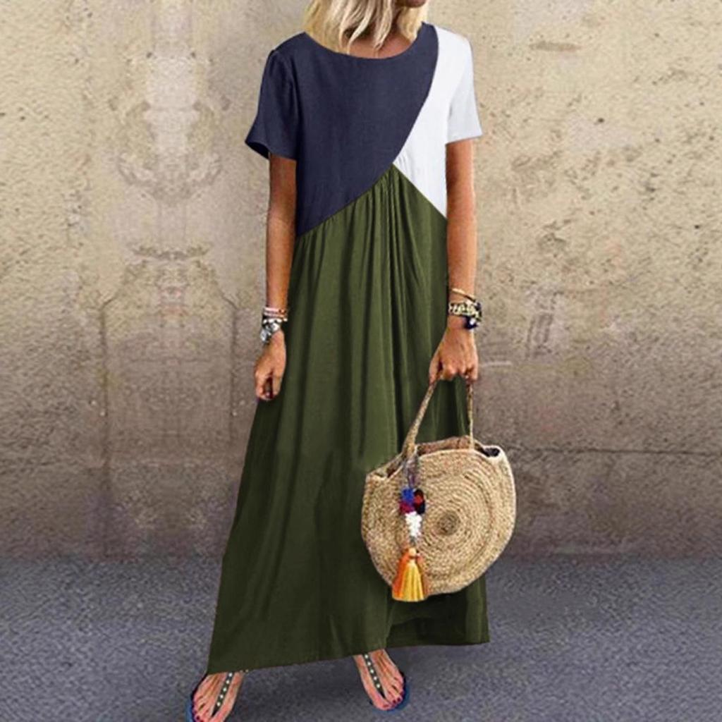 2023 Geometric Color Block Patchwork Long Summer Beach Dress