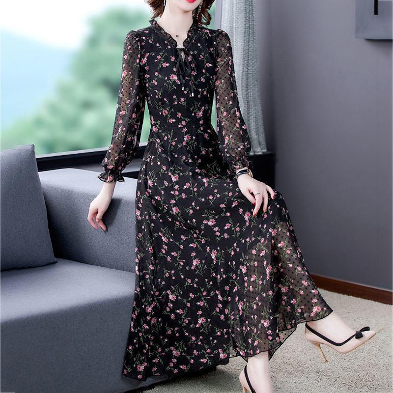 Women's Spring Summer Floral Dress Chiffon Veil Printing Full Length Daily Wear L-XXXXXL Large Size