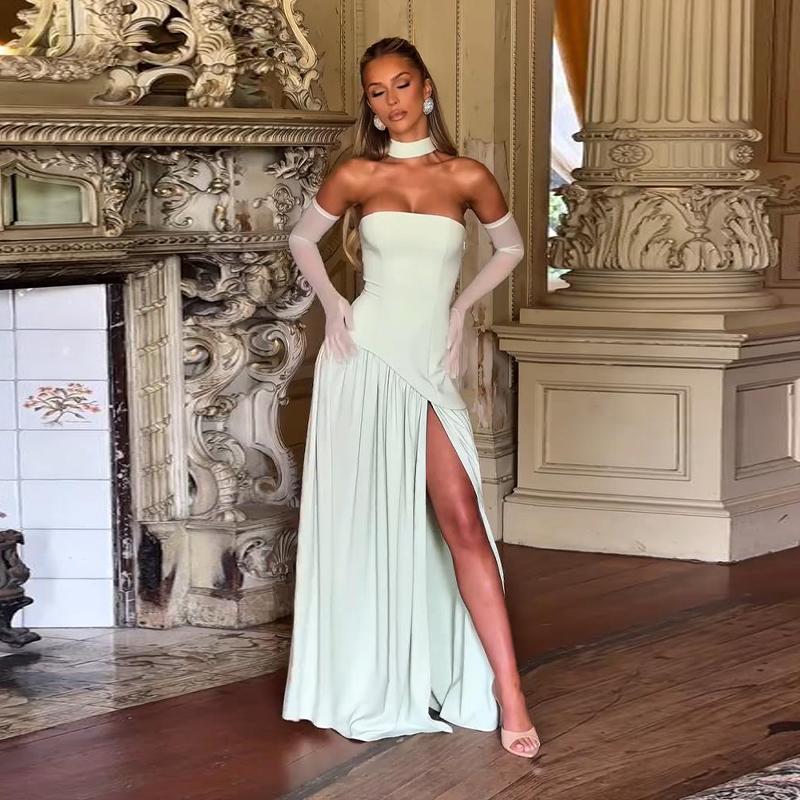 Mode Patchwork Schlitz Trägerloses Kleid Damen Elegant Ärmellos Rückenfrei Langes Kleid 2025 Sommer Neu Damen Abendparty Roben