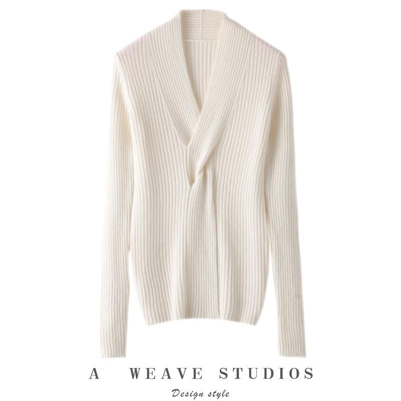 Women's Pure Cashmere V-Neck Cable Knit Sweater - Elegant, Slimming Autumn/Winter Top
