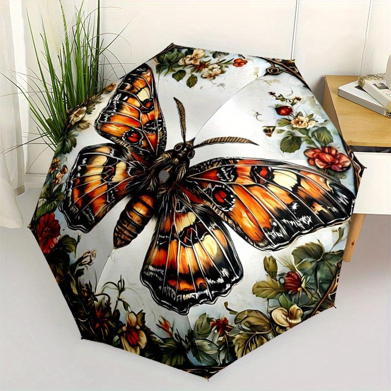 1pc Butterfly Floral Automatic Open/Close Umbrella with Windproof, Functional Design, 8-Rib Sturdy Canopy