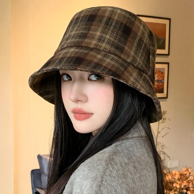 Women S Plaid Bucket Hat Double Sided Foldable Sun Protection Large Head Size Korean Style