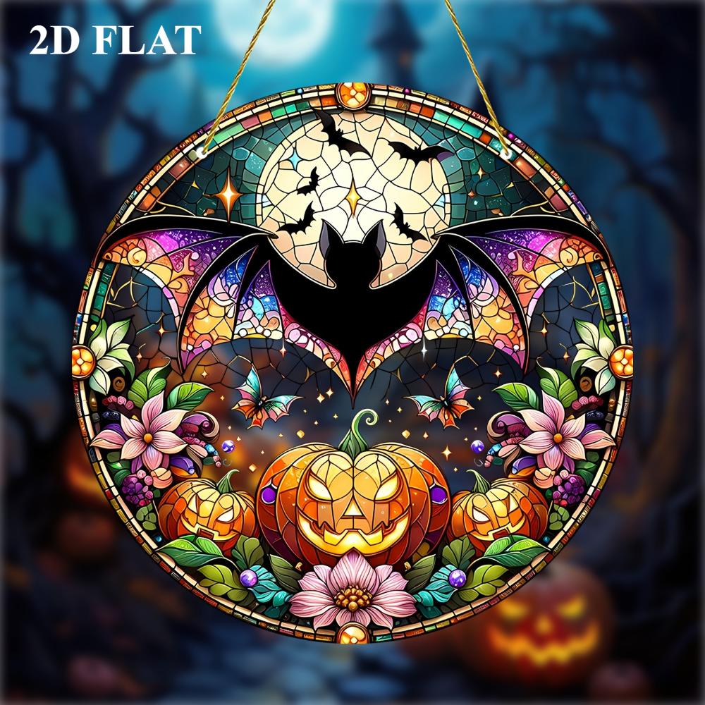 Acryl flacher 2D Anhänger, Fänger - Gitter Kürbis und Fledermaus, Fensterhänger Schlafzimmer Wohnzimmer Außen Garten Bauernhaus Dekoration, Kunstwand