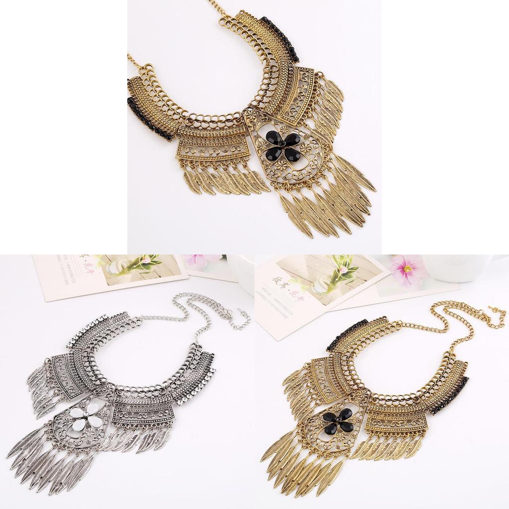 Qw Vintage European Designer Necklace With Hollow Flower Pattern And Leaf Tassel For Gift And Travel Souvenir