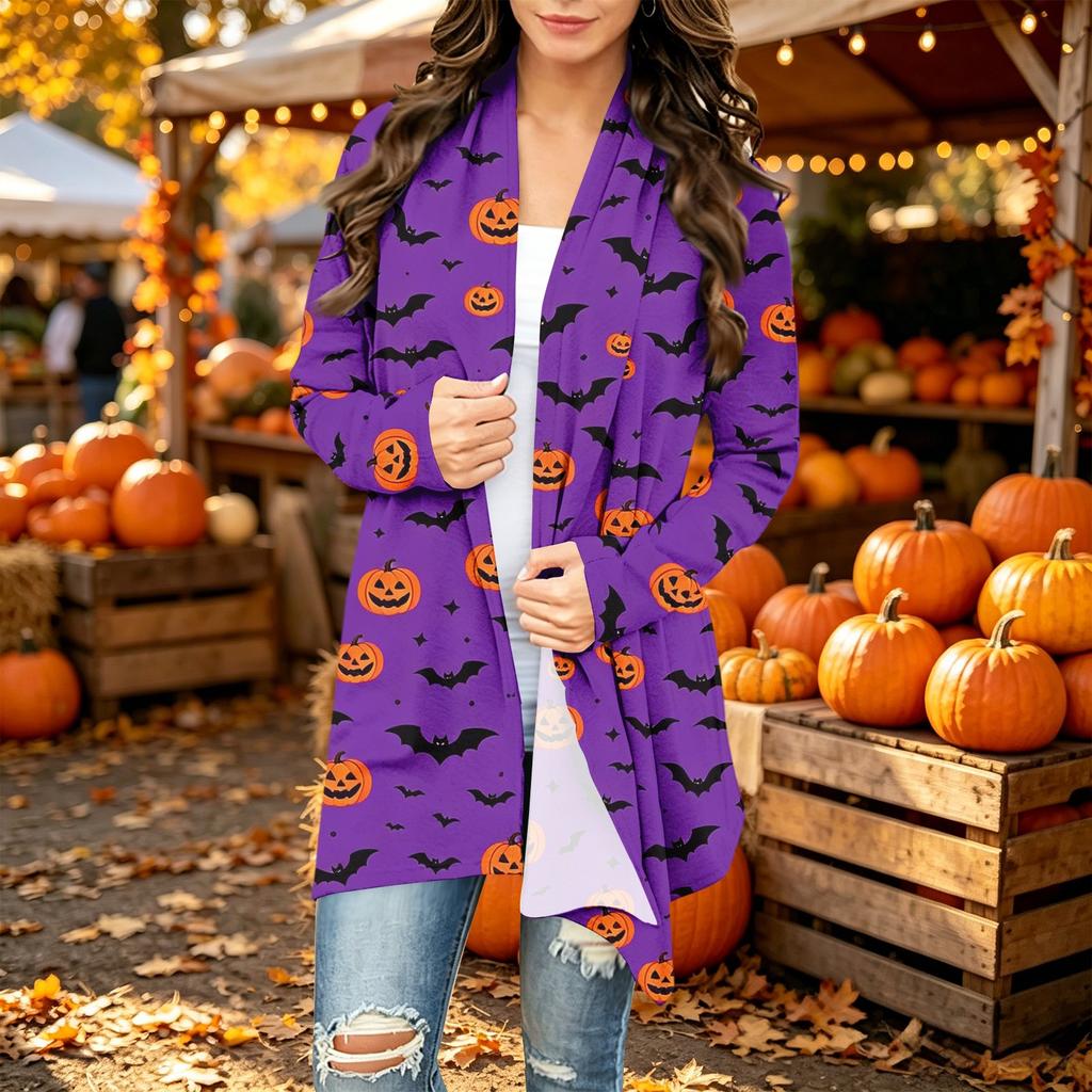 Damen Trendy Halloween-Print Langarm-Strickjacke Pullover für Lässige Herbstmode