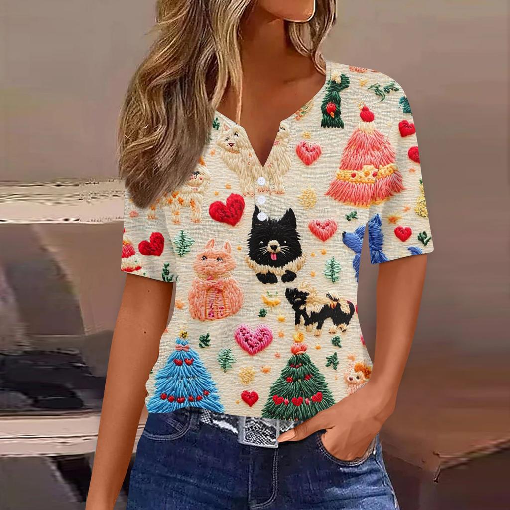 Damen T-Shirt mit Aufdruck zum Valentinstag, Knopfleiste, kurzärmelig, Tunika, für den Alltag, Wochenende, Basic, V-Ausschnitt, normales Oberteil
