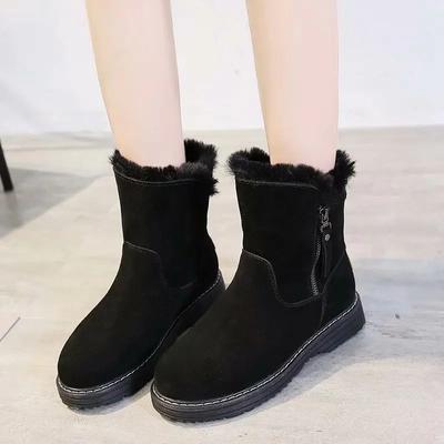 2024 Hot Sale Women's Shoes Zipper Women's Boots Winter Round Toe Solid Flock Plush Warm Low-heeled Concise Snow Naked Boots