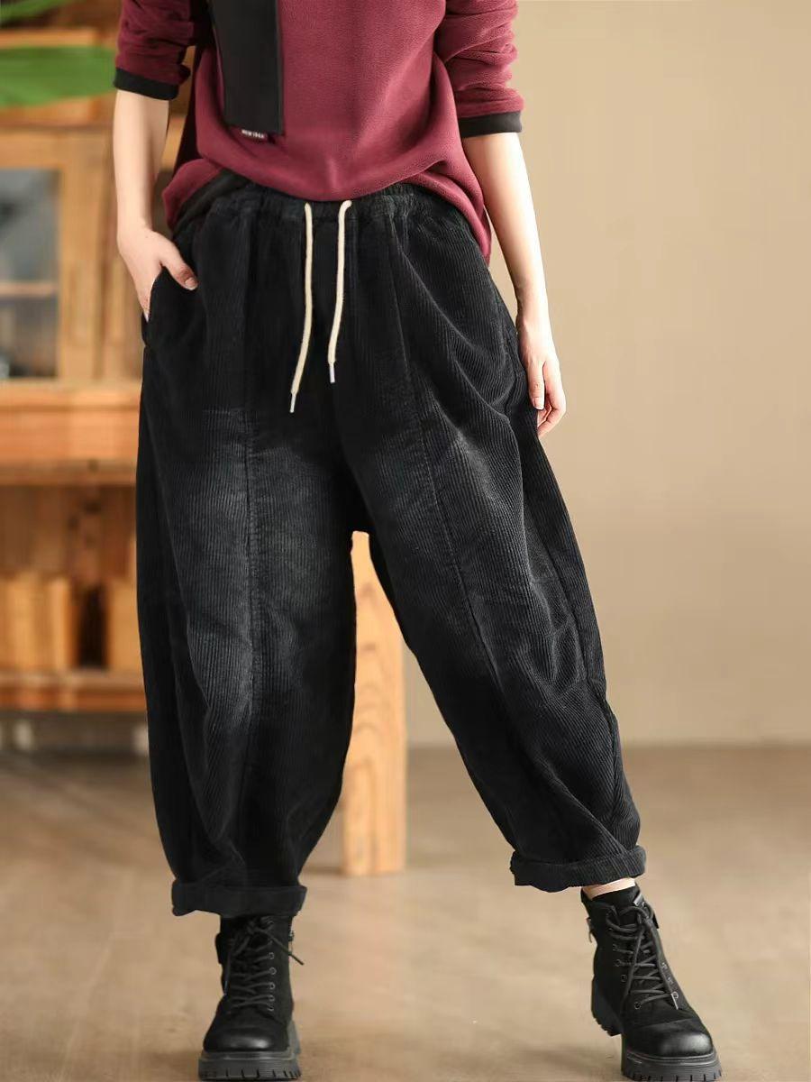 

Johnature женские зимние винтажные свободные шаровары с эластичной талией в китайском стиле повседневные брюки в винтажном стиле One Size чёрный