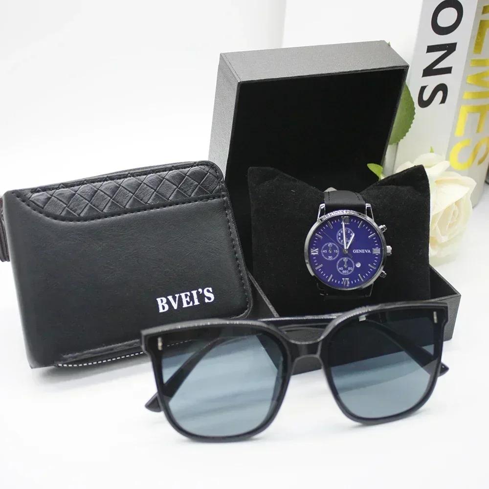 4pcs Set Fashion Quartz Wristwatches Men's Wallets Luxury Brand Designer Bag for Men Include Bracelet Box for Work