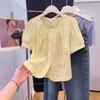 Blusa de Mujer con Bordado Hueco Manga Abullonada Camisa Casual con Botones