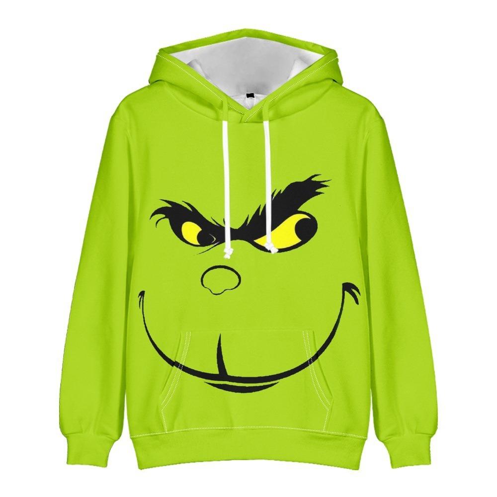 Christmas Fashion Men Women's Hoodies Green Monster Print Pullover Top Cartoon Casual Sweatshirt Kids Hoodies Clothing