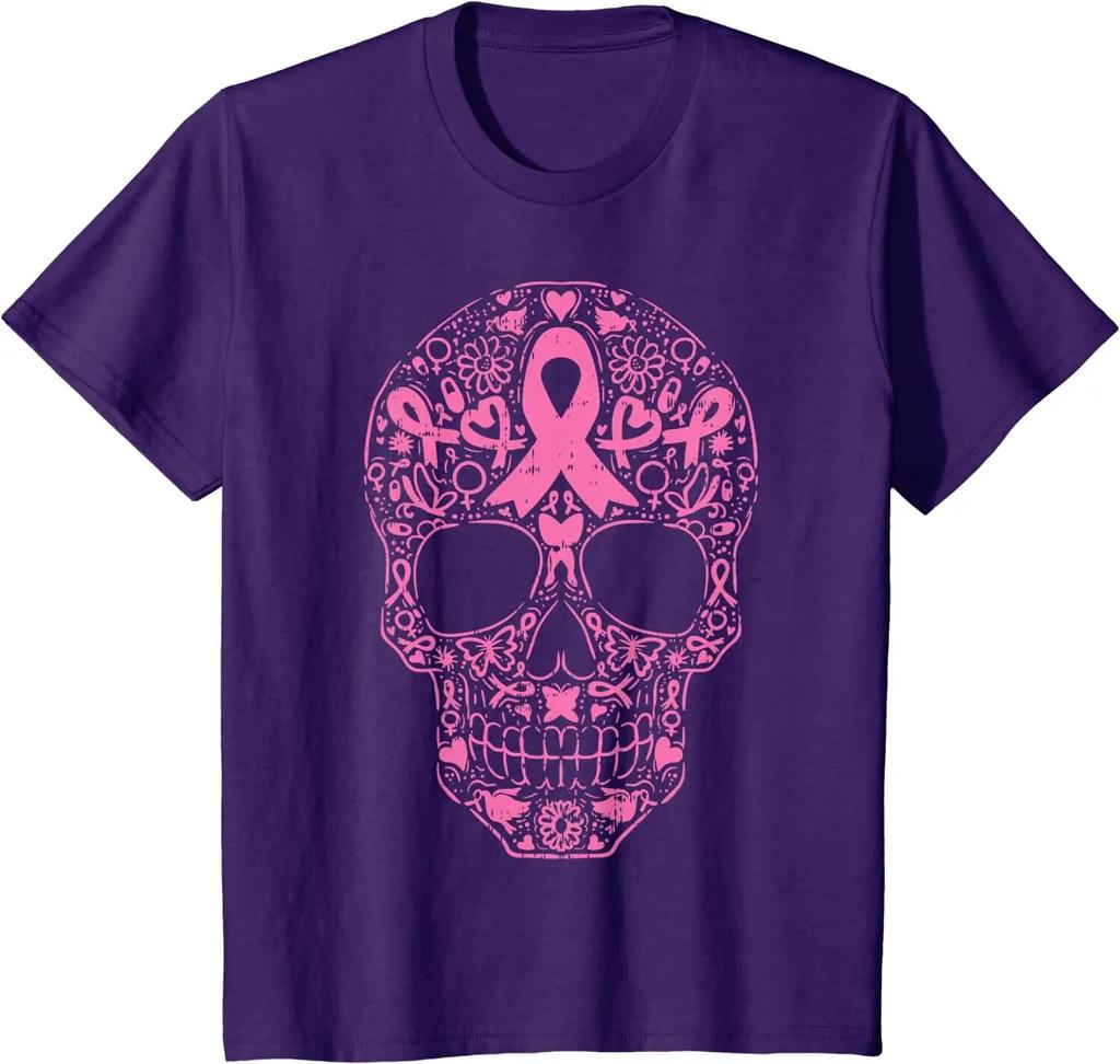 Sugar Skull Pink Ribbon Calavera Brustkrebs-Bewusstseins-T-Shirt, kurz, lässig, täglich, vier Jahreszeiten, T-Shirt, Grafik-T-Shirts, T-Shirts