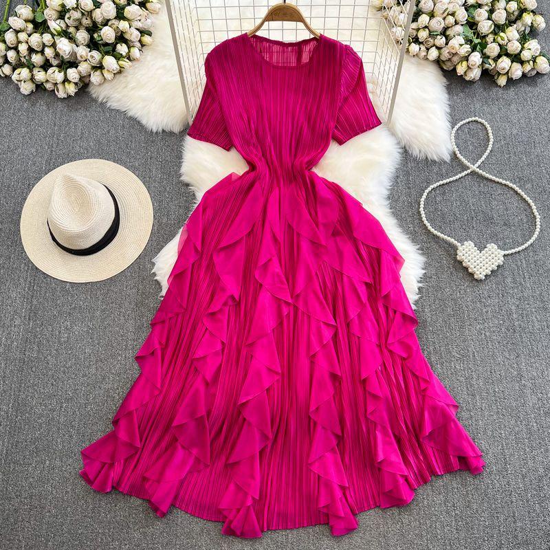 Sanzhai Ruched Fairy round Neck A- line Ruffled Long Dress