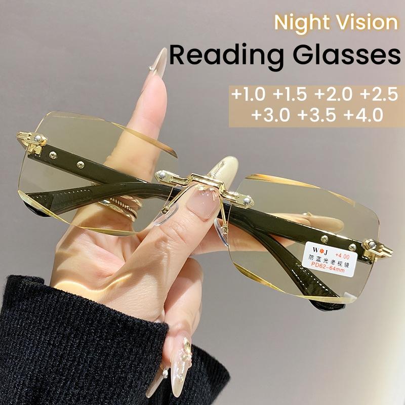 Fashionable And Trendy Frameless Square Cut Edge Reading Glasses Blue Light Blocking Eye Protection Night Vision Glasses