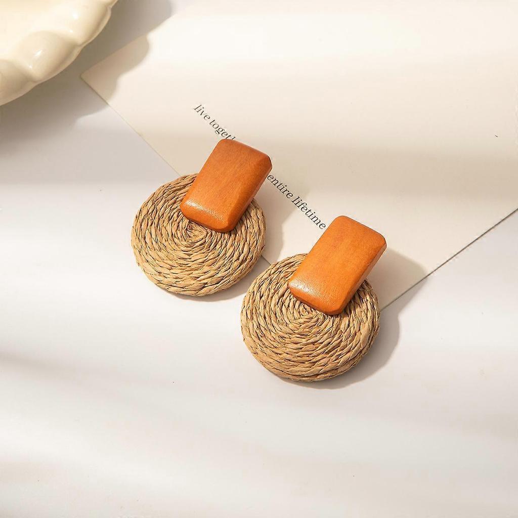 Earrings, Bohemian Raffia Wooden Geometric Handmade Braided Vintage Vacation Travel Style