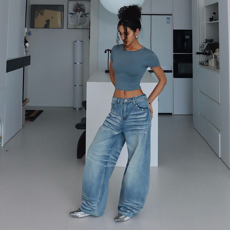 

[Gyaru Retro] Western Style Gyaru Jeans Women High Waist Slimming Straight Wide Leg Casual Pants Pants Denim Blue Long XL
