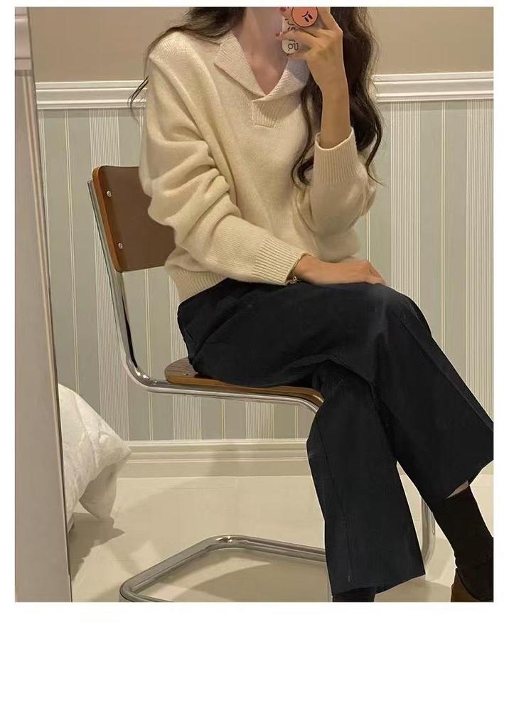 Women's Pure Wool Thickened Lapel Sweater - Long Sleeve, Loose Fit, Versatile Base Layer for Autumn and Winter.