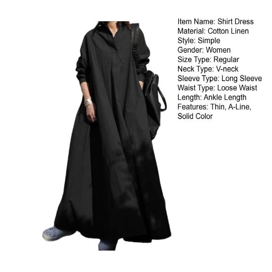 Frauen Frühling V-ausschnitt Langarm Hemd Kleid Einreiher Einfarbig Lose Sommerkleid Beiläufige Lange Kleid Streetwear