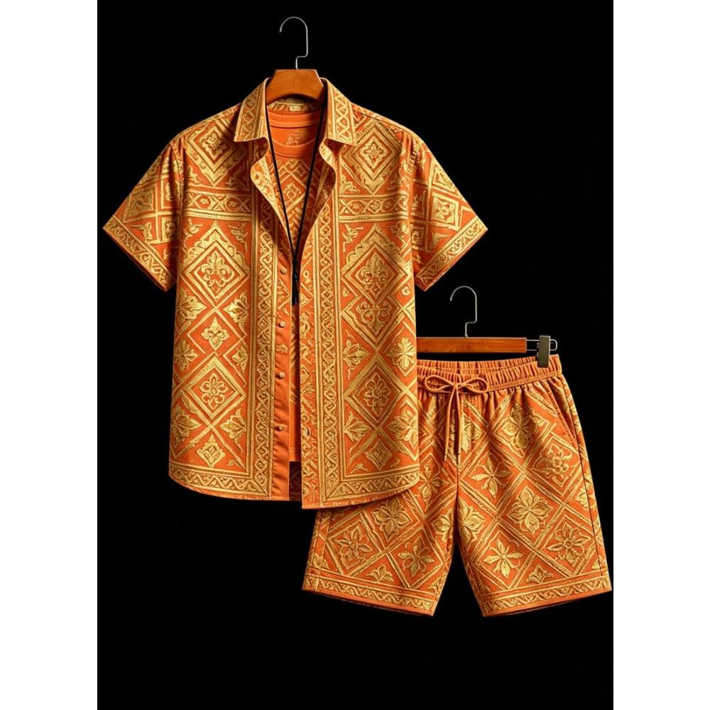 Men's Luxury Architectural Style Printed two-piece set, Short Sleeved Shirt And shorts, For Daily Wear And Exotic Luxury Style