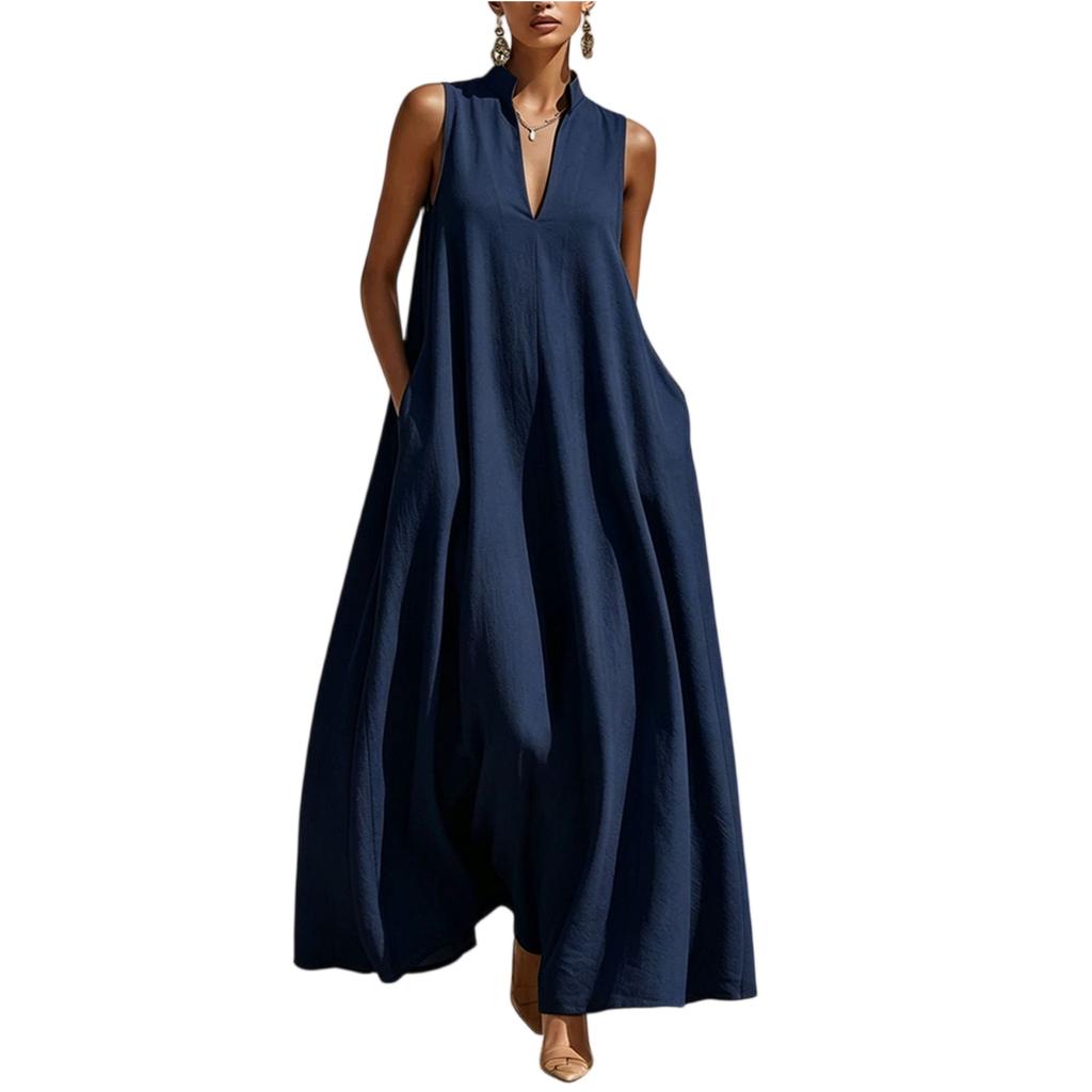 Women Sleeveless Maxi Dress V Neck Loose Fit Wide Swing Casual Summer Vacation Long Dress with Pockets