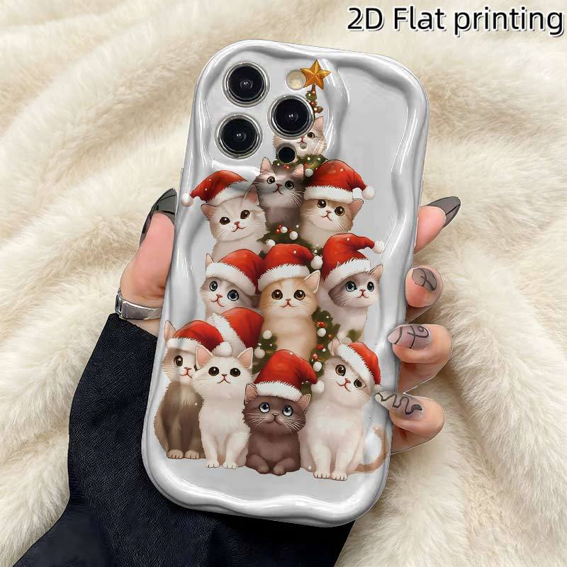 Cute Christmas Cat Tree Phone Case for iPhone 17 16 15 14 13 12 11 Pro Max, Wavy Cream White Soft TPU Protective Cover