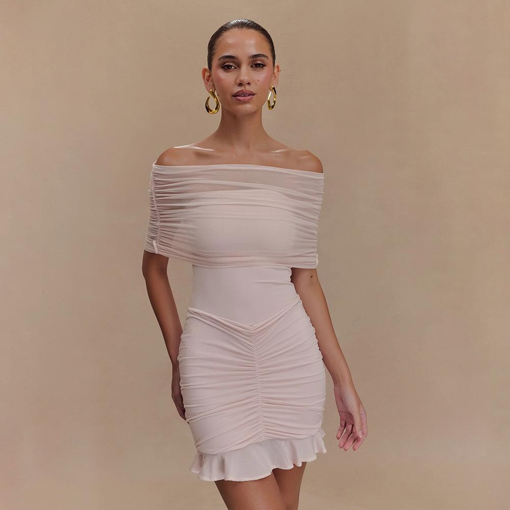 New women's sexy off-the-shoulder dress, European and American sexy tube top slim ruffle hip skirt