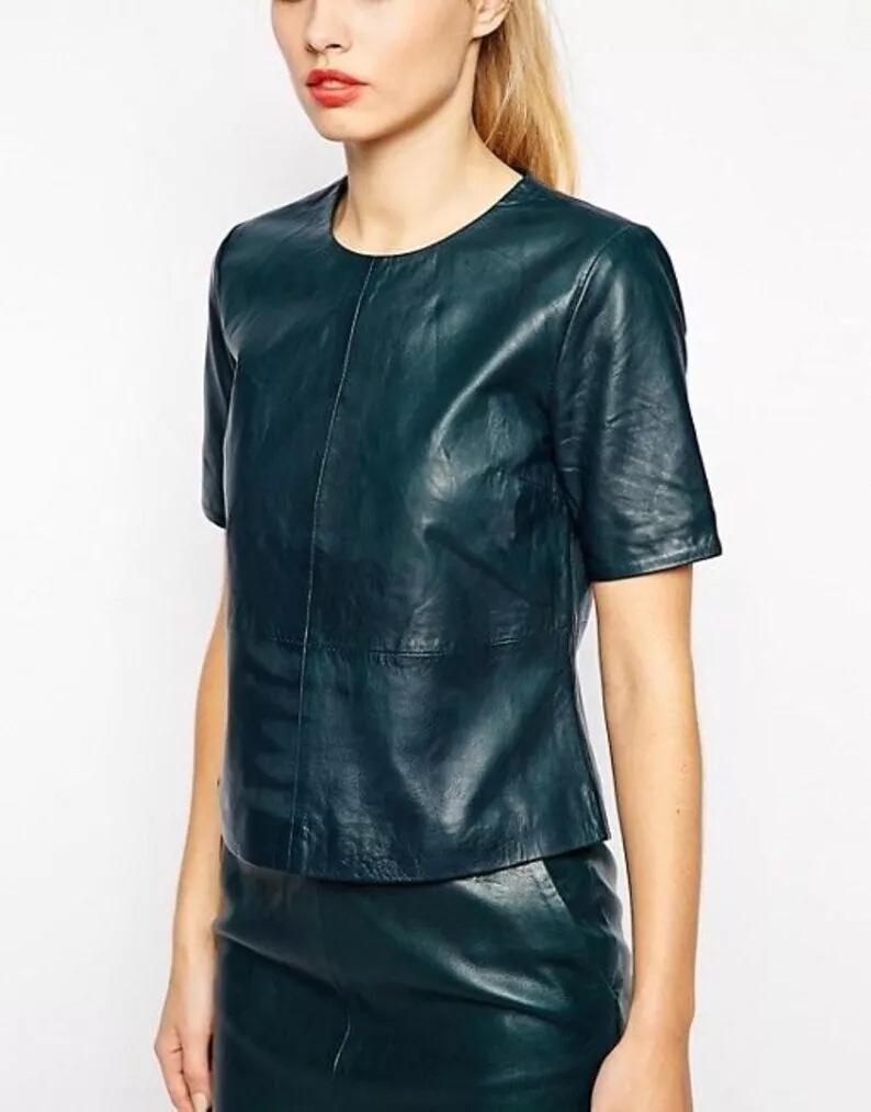 Handmade  Leather Stylish Casual Women's Top Green Party Wear Handmade Lambskin