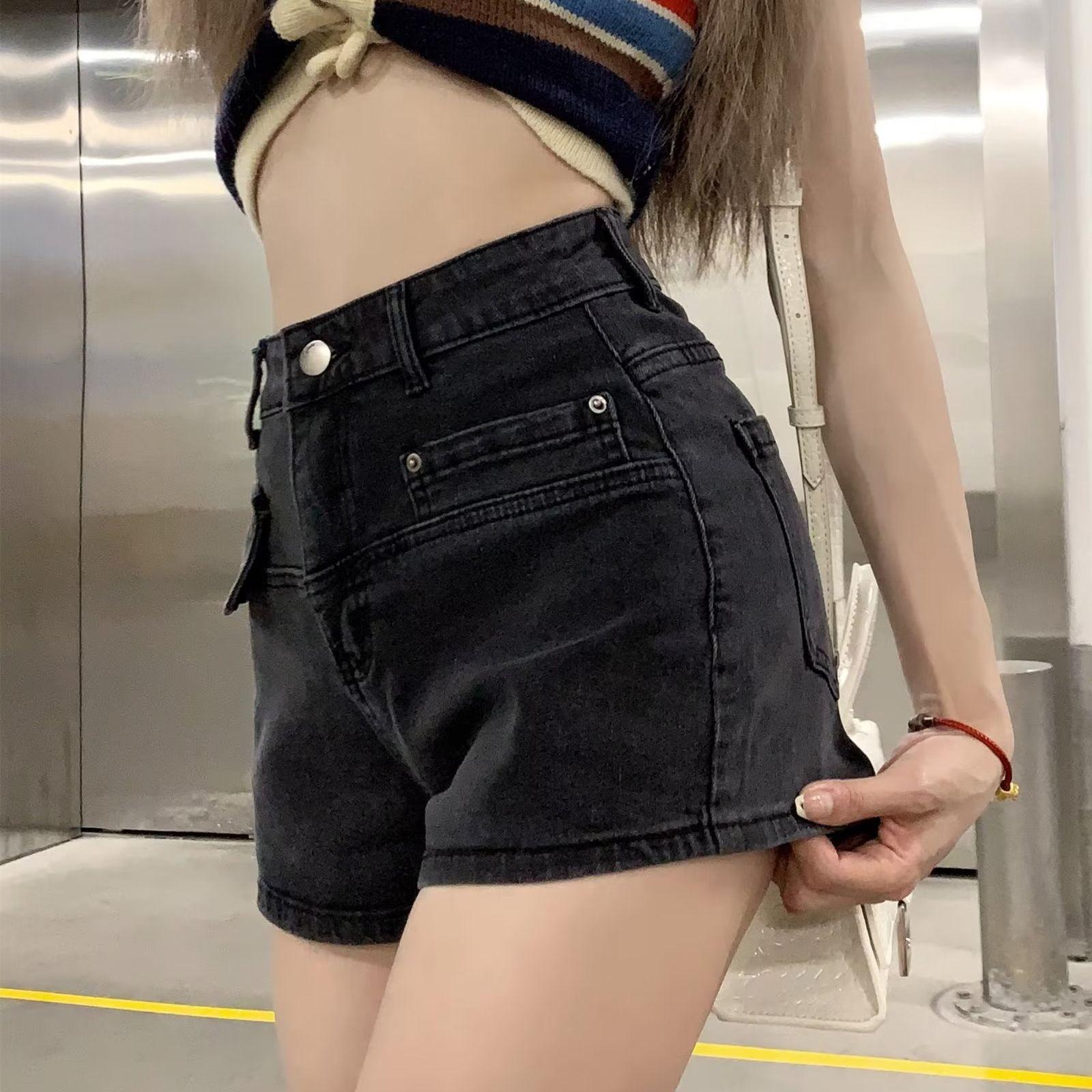 

Spice girl retro denim shorts women s American new ins trendy high waist thin a word small straight wide leg pants S чёрный
