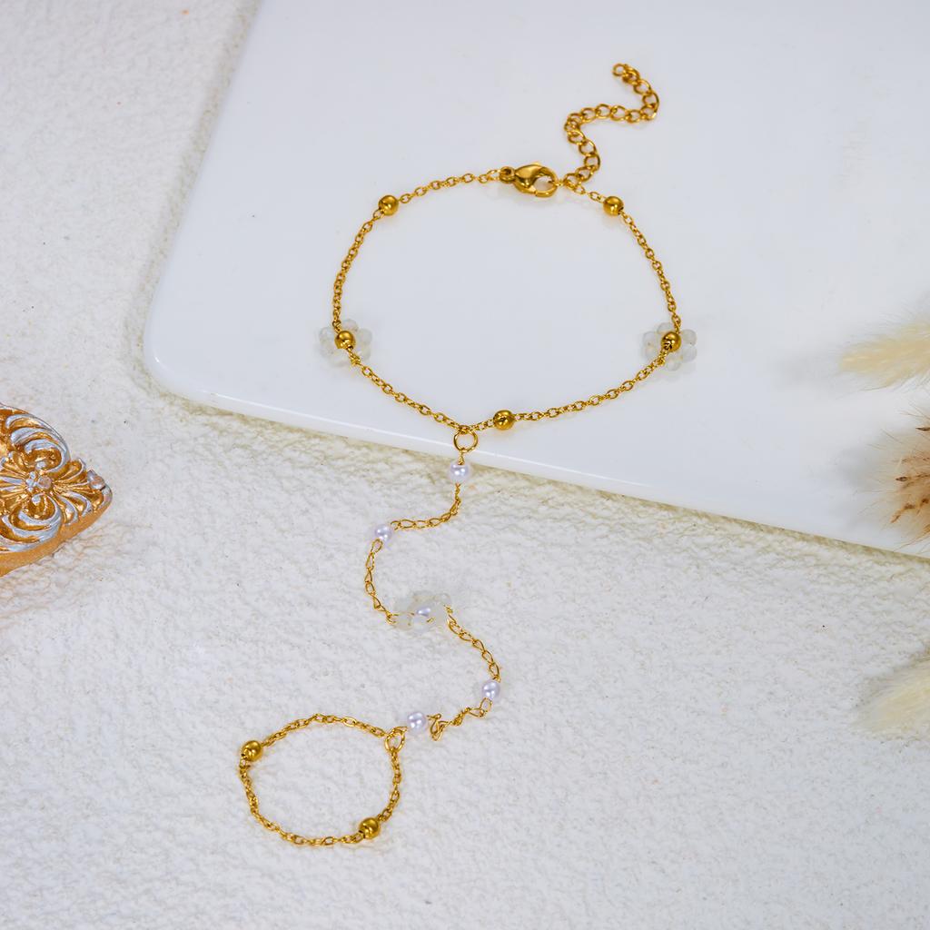 Stainless Steel Colorful Crystal Beads Flower Hand Chain Bracelet For Women Multicolor Flowers Finger Ring Party Jewelry Gifts