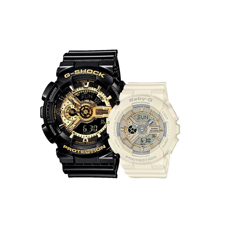 CASIO Unisex Pair Table Series Black Watch GA-110GB-1APR+BA-110GA-7A2PR Regular Watch Box