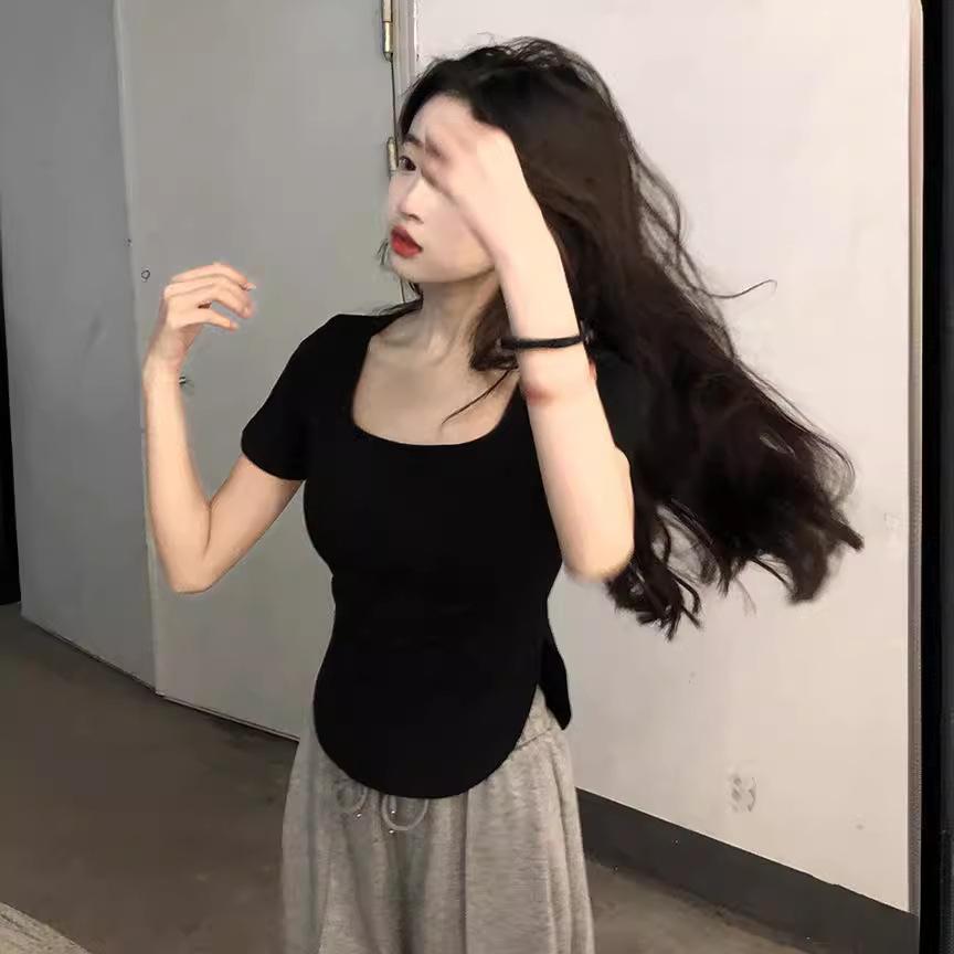 Summer New Pure Lust Big U-neck Spice Girl Top Slim Slim Irregular Short-sleeved T-shirt Women