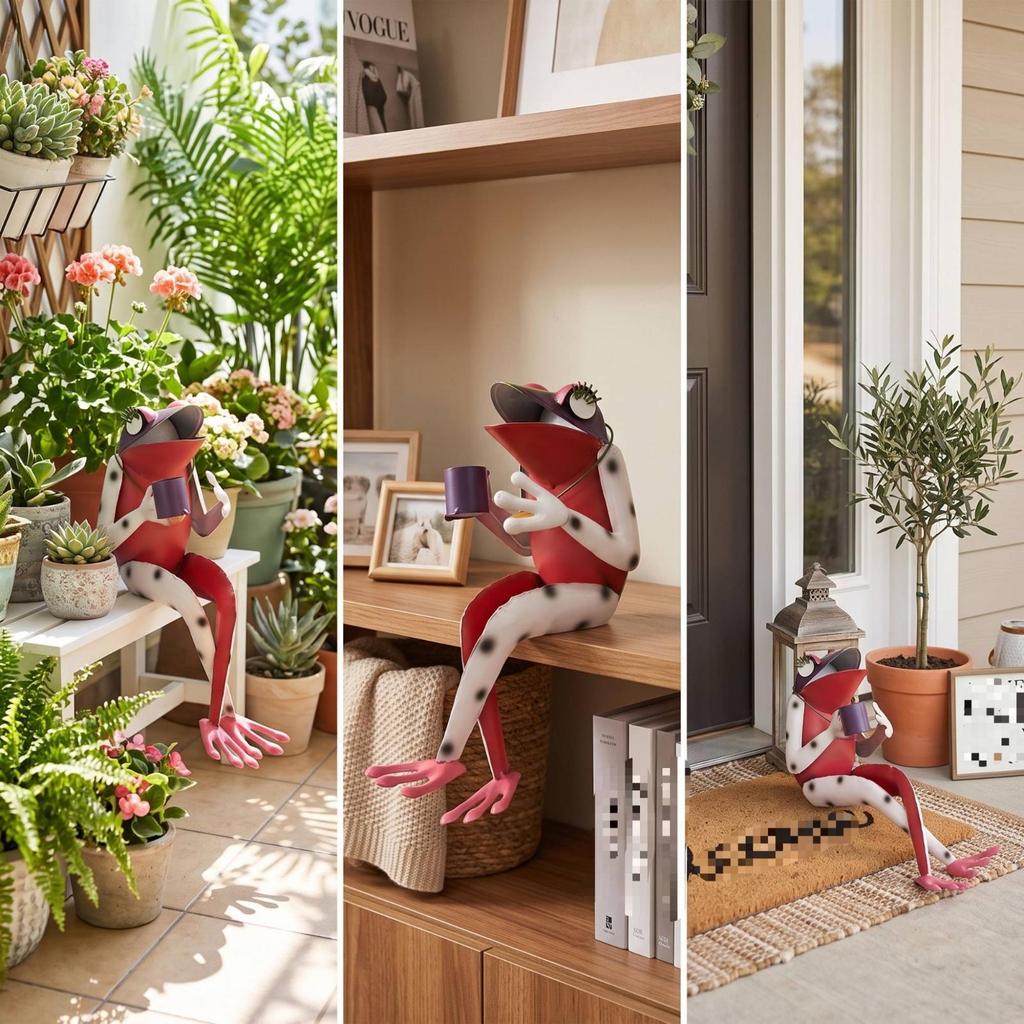 Metal Frog Statue Whimsical Ornament HandPainted for Gardeners, Collectors, Patio,