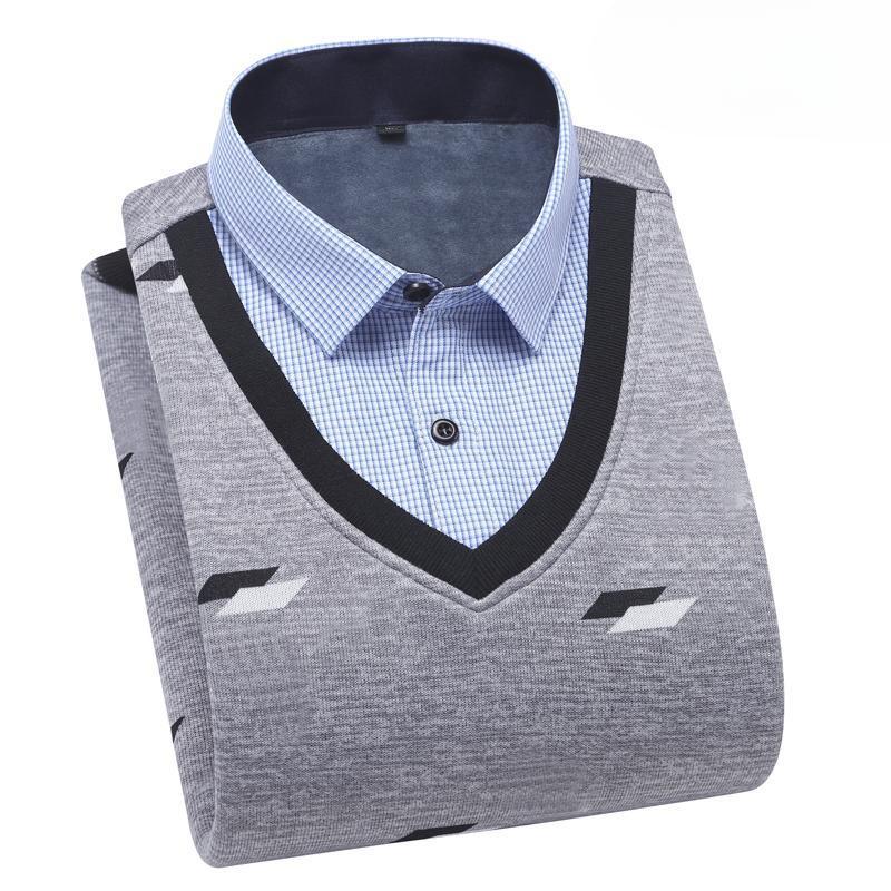 Autumn and Winter Velvet Thickened Fake Two Men's Long-sleeved Shirt Collar Pullover Sweater Casual Warm Knitted Sweater