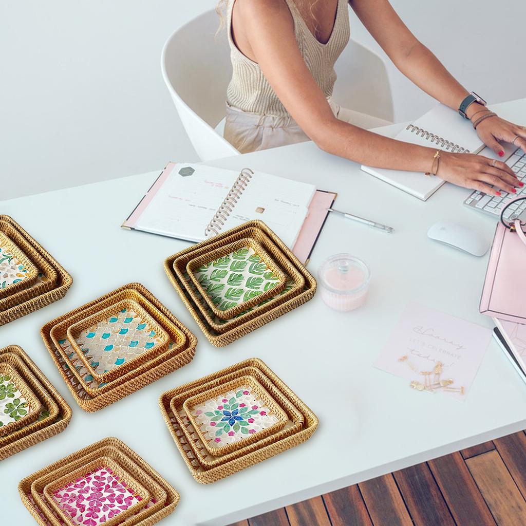 Handmade Rattan Shell Colorful Storage Tray For Living Room Luxury Picnic Snack Dried Fruit Restaurant Serving Platter