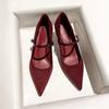 Black Suede Pointed Thick Heel Commuter High Heels Women's 2025 Spring New Year's One-word Buckle Retro Mary Jane Shoes