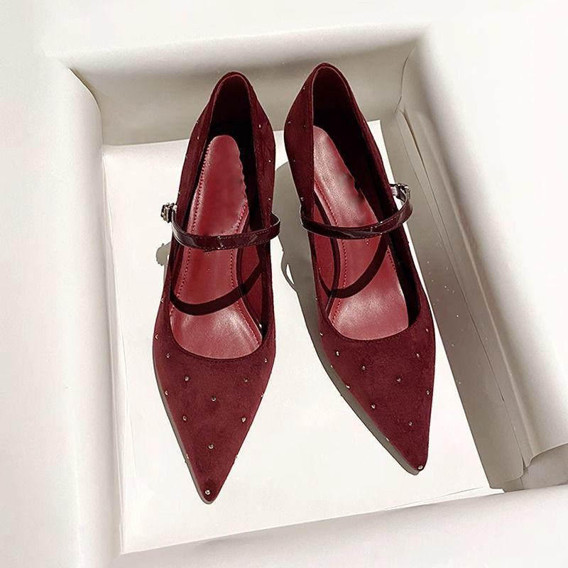 Black Suede Pointed Thick Heel Commuter High Heels Women's 2025 Spring New Year's One-word Buckle Retro Mary Jane Shoes