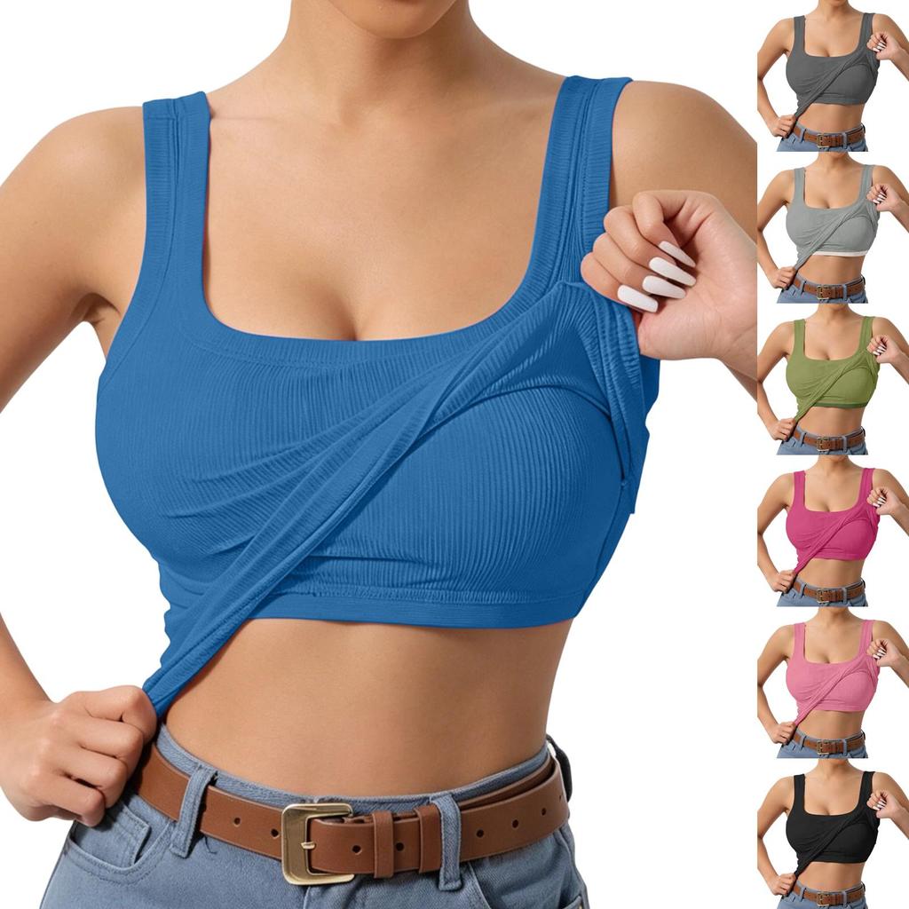 Women's Square Neck Built-in Pads Tank Top Slim Fit Versatile Cami