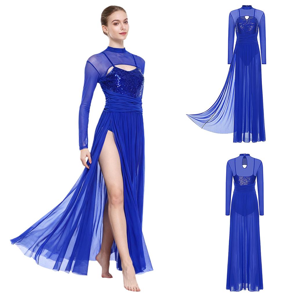 Women Lyrical Dance Costumes Sequin Long Sleeve Mesh Tulle Flowy Maxi Long Dress Built In Briefs Modern Dancewear
