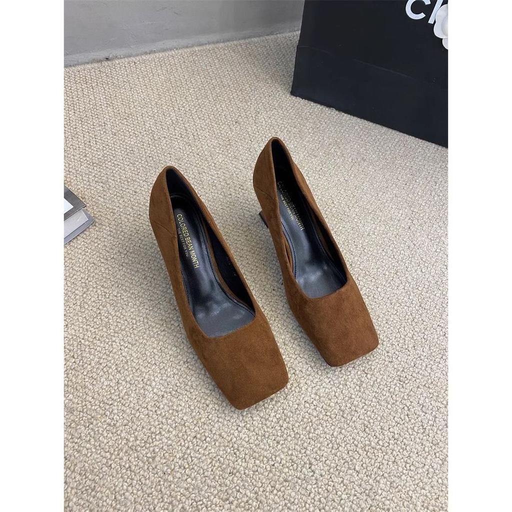 Temperament black suede high heels women's 2025 spring and summer new square head Japanese professional versatile commuter medium heel single shoes