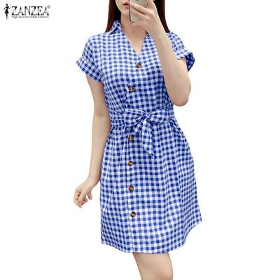 Women Casual V-Neck Short Sleeve Plaid Print Dress