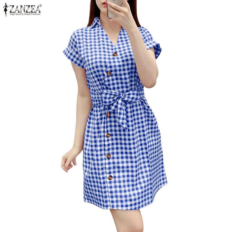 ZANZEA Women Casual V-Neck Short Sleeve Plaid Print Dress