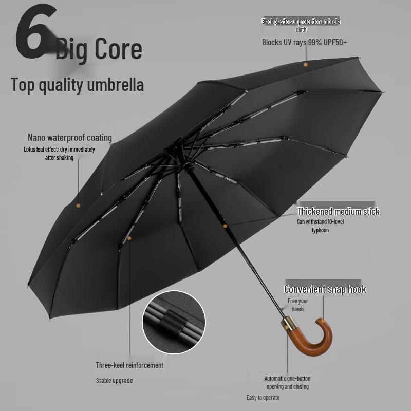 Sanhe 10-Rib Automatic Folding Umbrella with Wooden Curved Handle