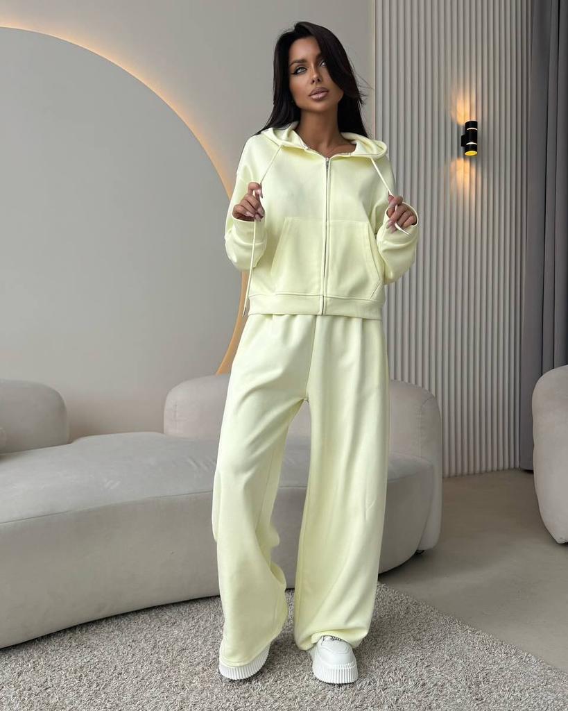 Women's Brown Hooded Zip Up Casual Sweatshirt and Wide Leg Pants Set