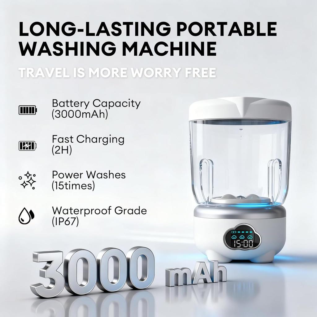 Mini Washing Machine Portable,Compact Washer with 3000mAh Rechargeable Battery – Cordless Portable Small Washing Machine for Underwear,Baby Clothes