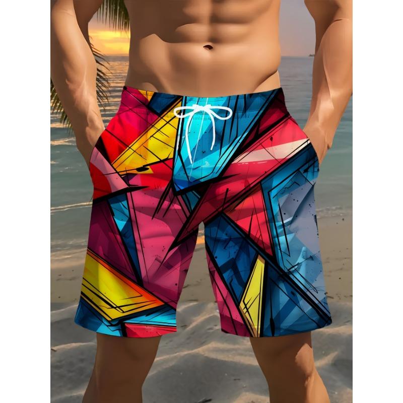 

Men s fashionable printed beach shorts, 3D printed with geometric block pattern, - Casual polyester drawstring waist, light and comfortable in summer S