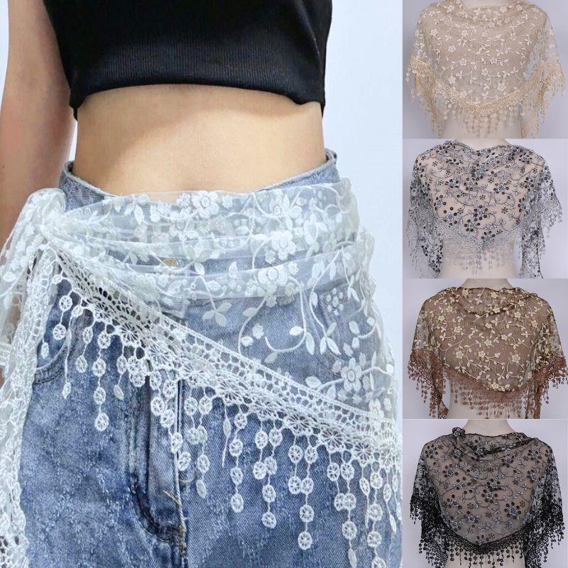 Tassel Shawls Female Scarf Solid Color Embroidered Lace Veil Floral Head Covering Veils Women Triangle Scarf 150*40cm