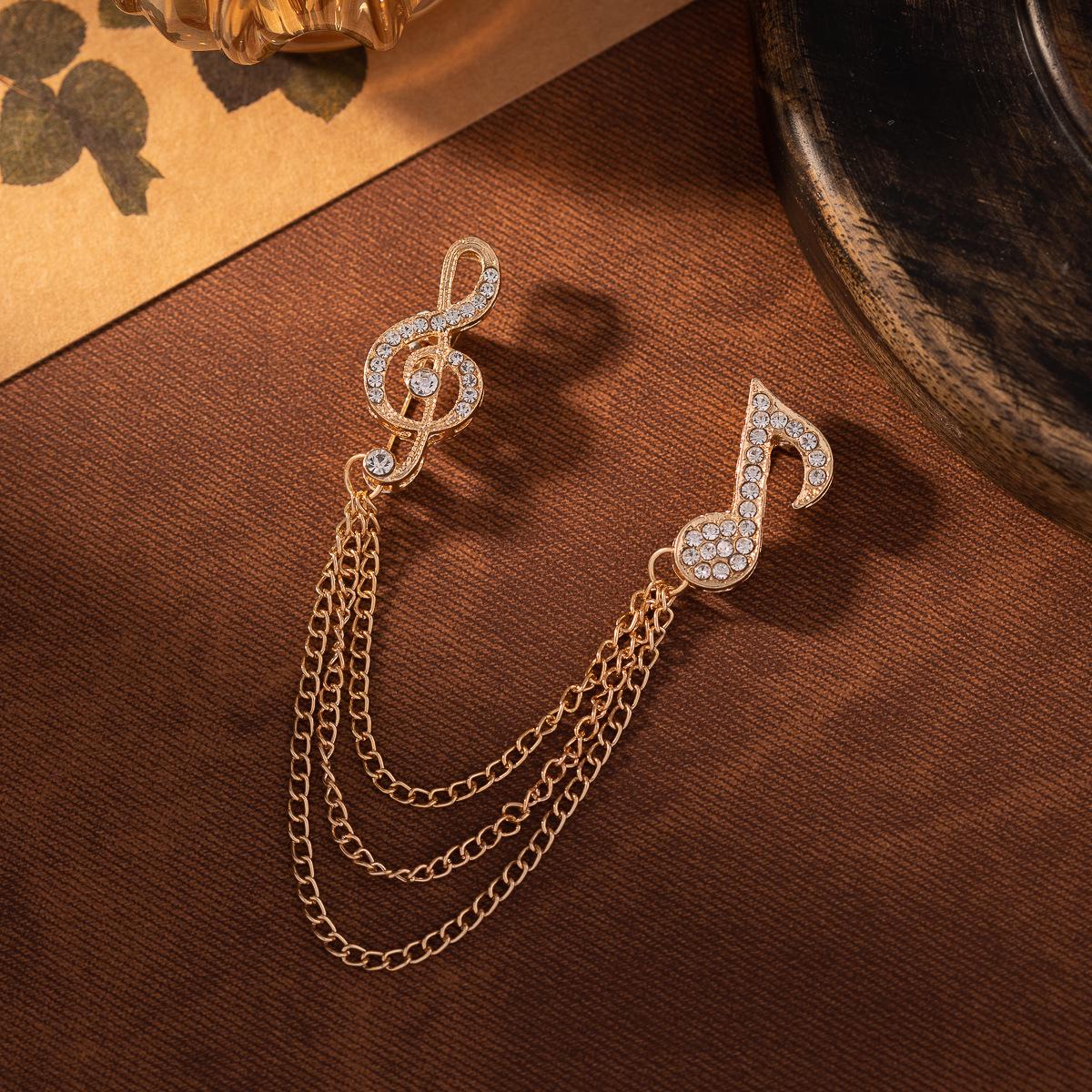 Unisex Music Note Brooch with Crystal Tassel Chain