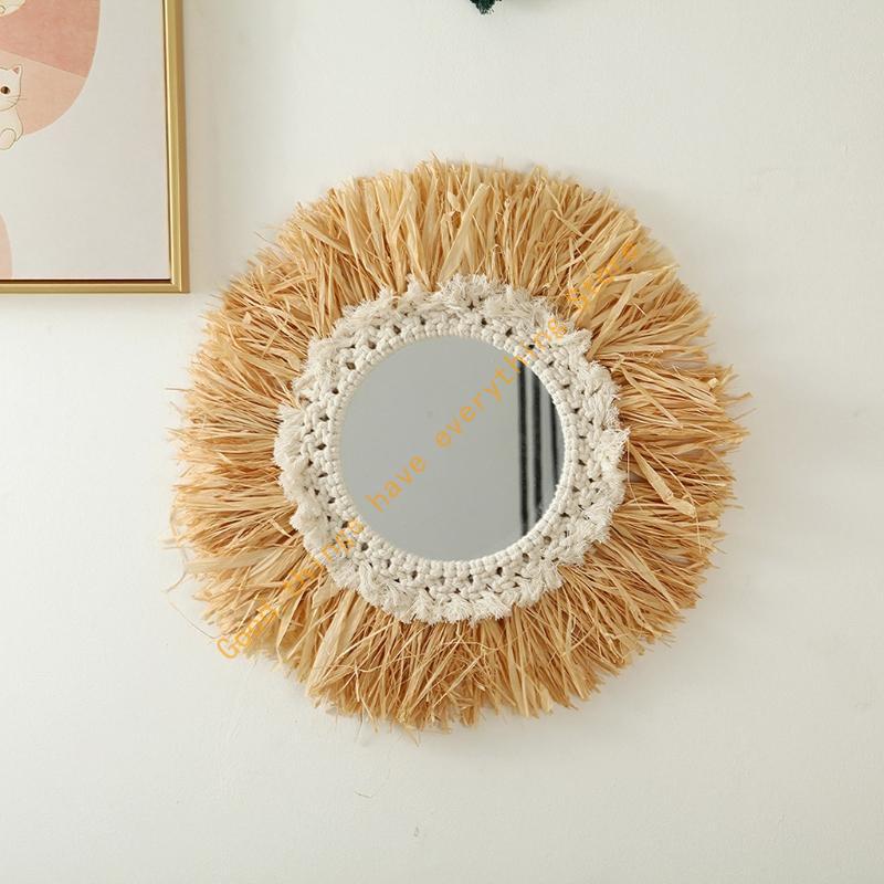 Woven Cotton Rope Mirror Wall Boho Raffia Makeup Mirror Dressing Hanging Mirrors Living Room Bathroom Decoration 55KF