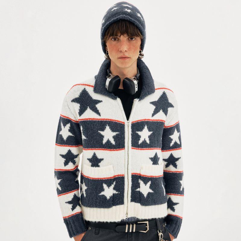 

Madwitch Американский Стиль Модный Бренд Колорблок Звезда Вязаный Свитер Унисекс Свободный Повседневный Шерстяная Смесь Кардиган Модный White Gray(Shipping the Same Hat) 2XL