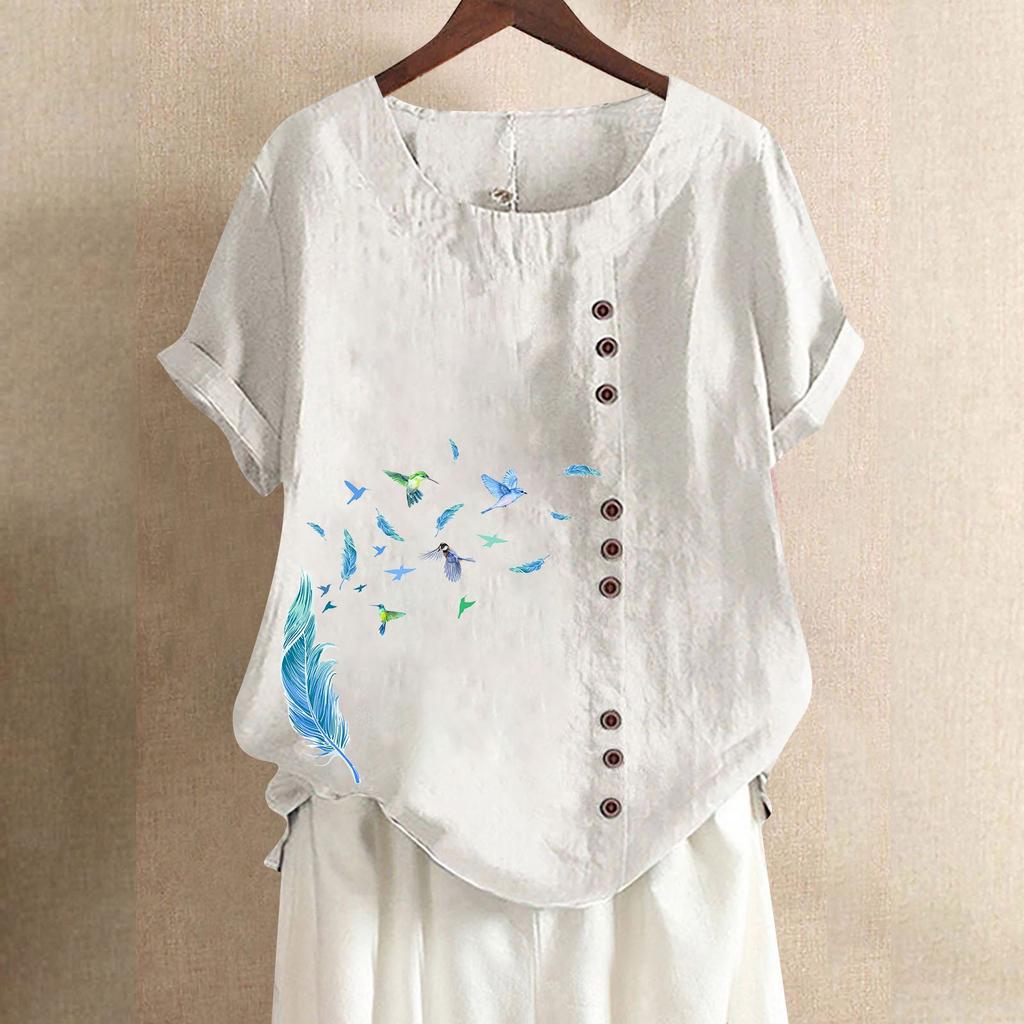 Ladies' Fashionable And Casual Cotton And Linen Short-sleeved Top With Buttons, Round-neck Floral Print T-shirt